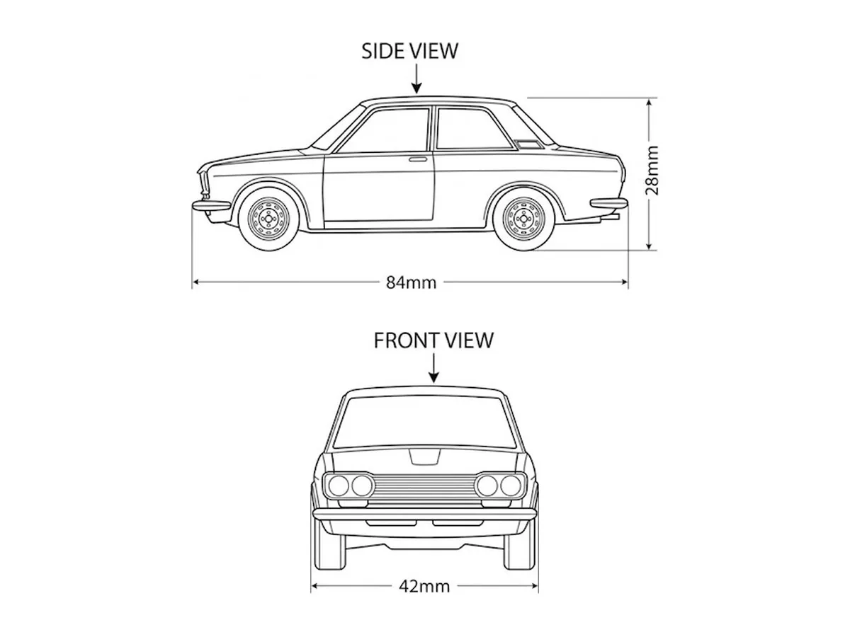2D concept sketch of the toy sedan: side and front views, 84 × 42 × 28 mm